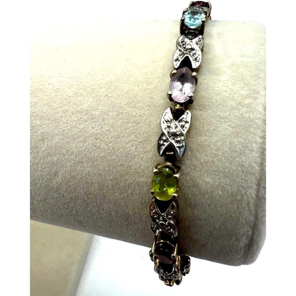 Vintage Multi-Stone Sterling Silver Bracelet With X Design & Gemstones    B19 - Picture 1 of 14